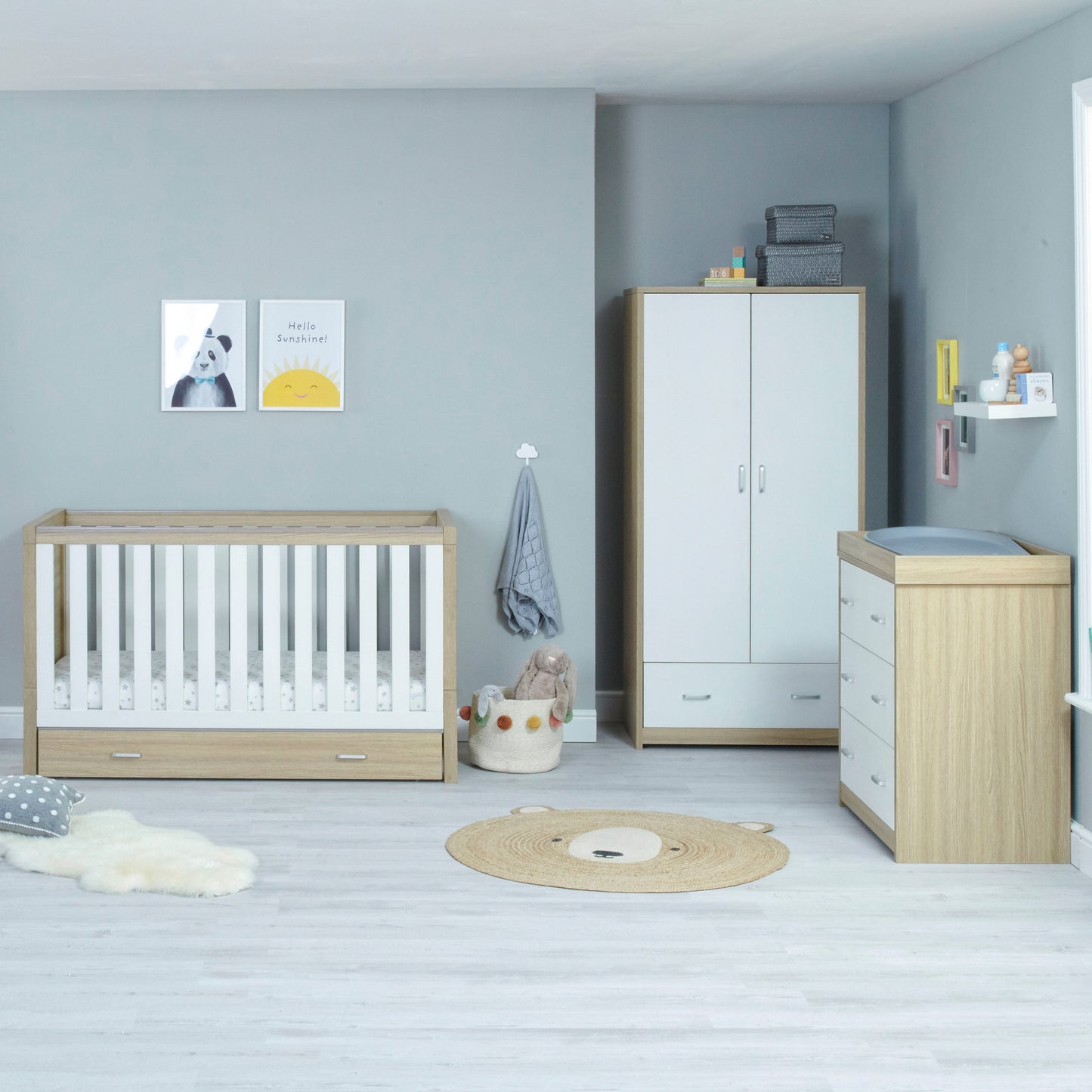 Babymore Luno 3 Piece Nursery Room Set - Oak White