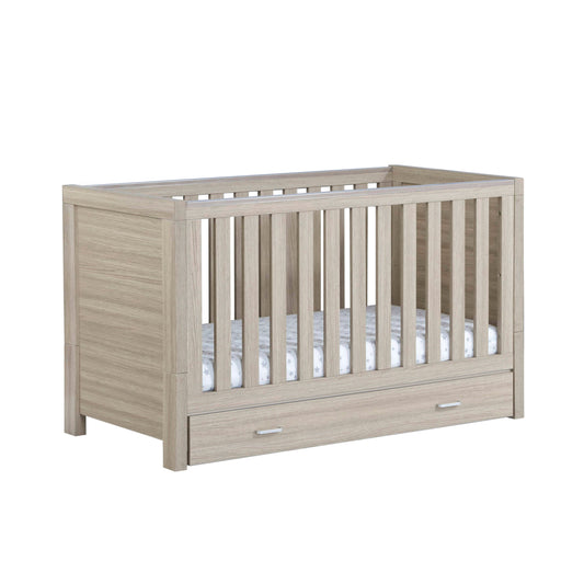 Babymore Luno Cot Bed With Drawer - Oak